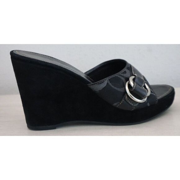 Coach Women's Sz 8M Black Suede Merridith Y2K Wedge Slip-On Buckle Sandals - Picture 7 of 9